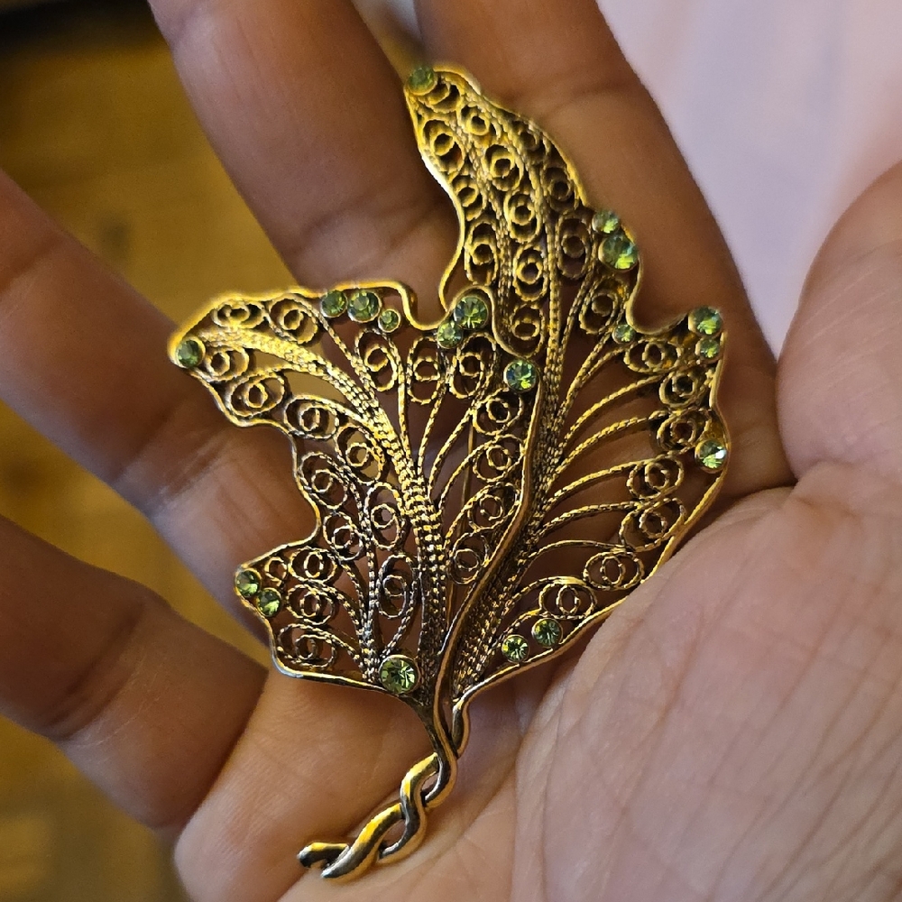 Monet Gold Leaf Brooch with Green Highlights